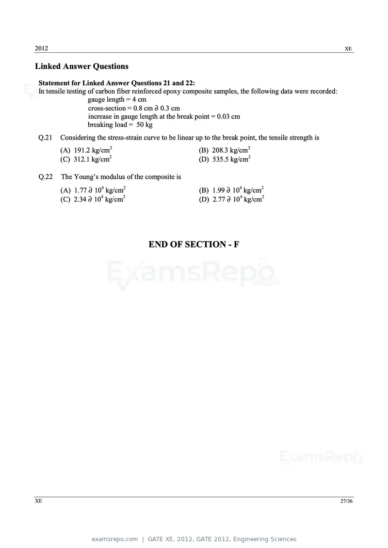 GATE XE 2012 question paper, GATE 2012, Engineering Sciences, page 27 of 33