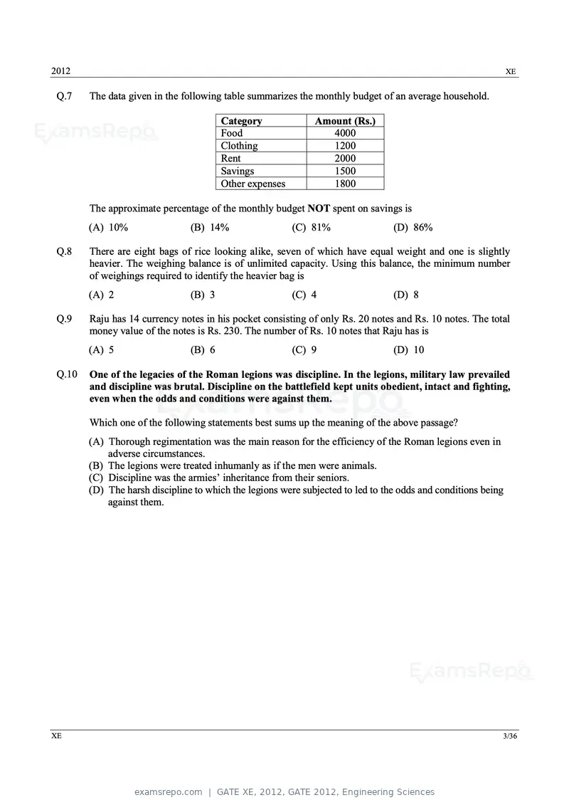 GATE XE 2012 question paper, GATE 2012, Engineering Sciences, page 3 of 33
