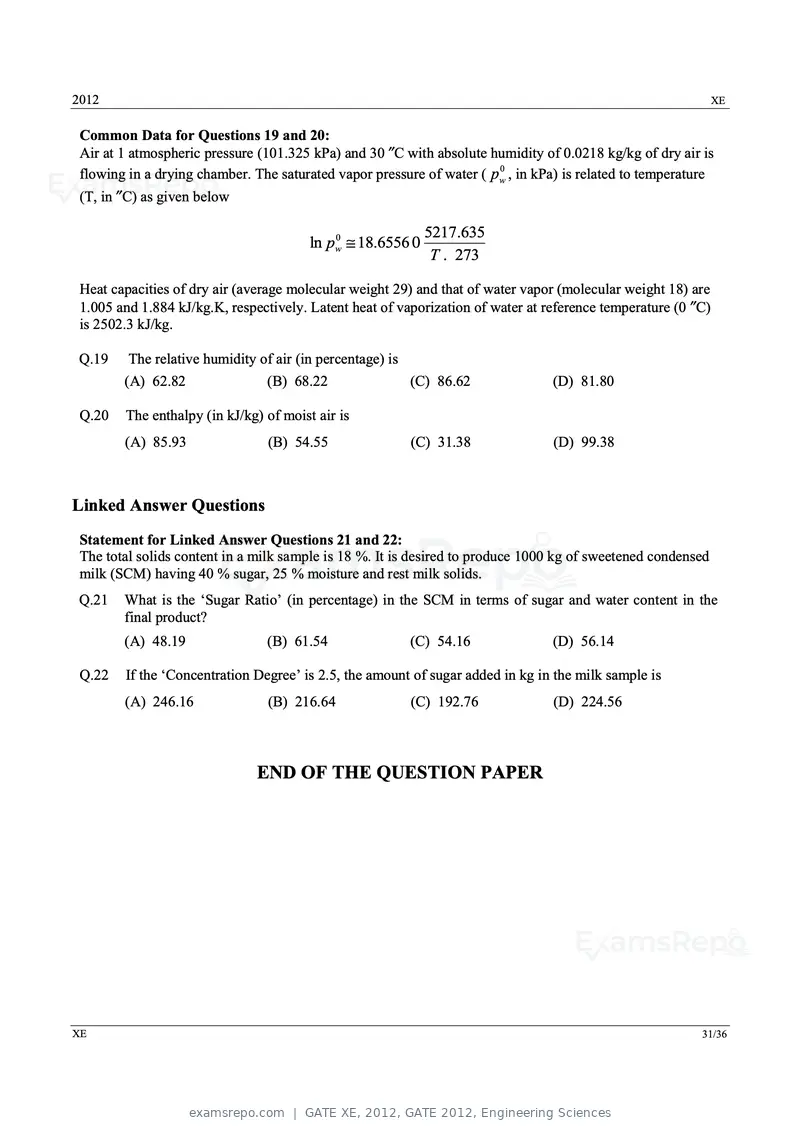 GATE XE 2012 question paper, GATE 2012, Engineering Sciences, page 31 of 33