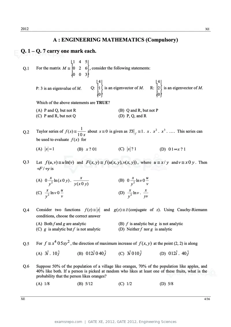 GATE XE 2012 question paper, GATE 2012, Engineering Sciences, page 4 of 33