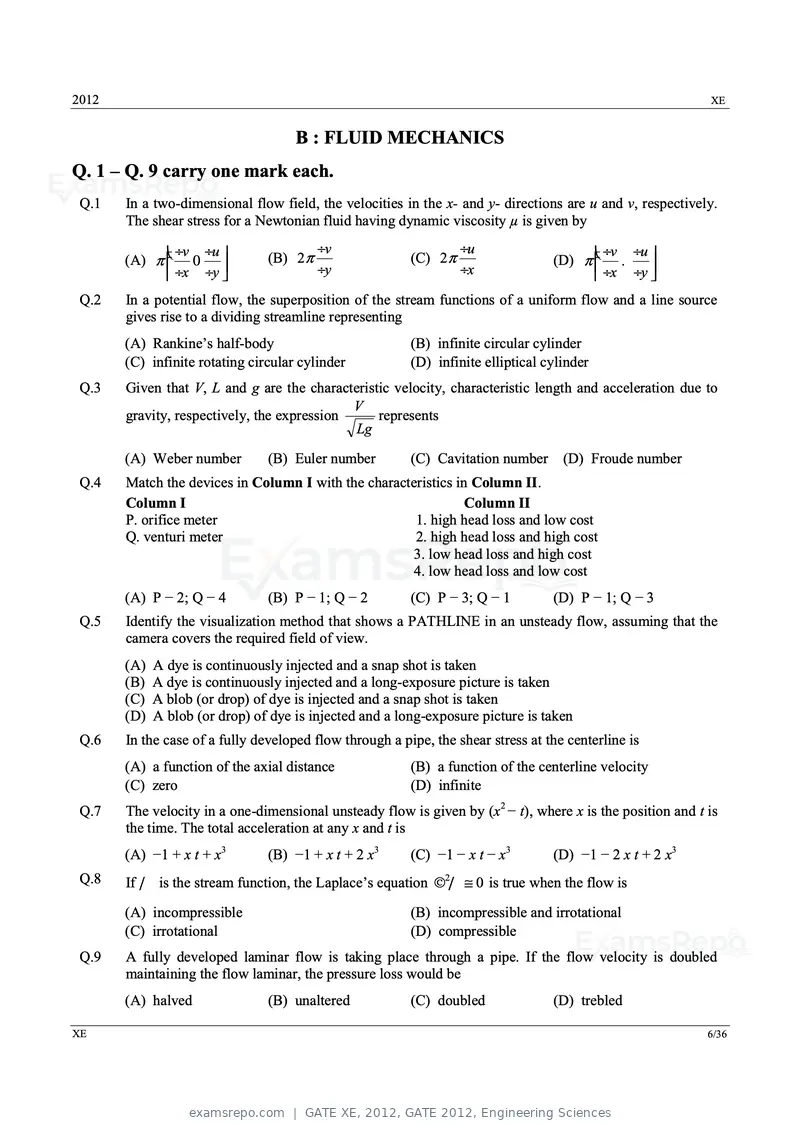 GATE XE 2012 question paper, GATE 2012, Engineering Sciences, page 6 of 33