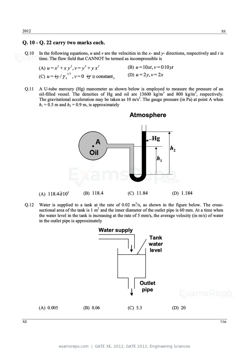 GATE XE 2012 question paper, GATE 2012, Engineering Sciences, page 7 of 33