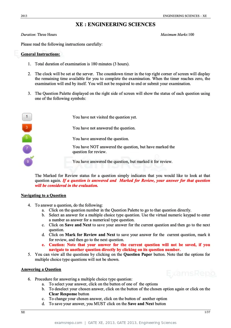 GATE XE 2013 question paper, GATE 2013, Engineering Sciences, page 1 of 37