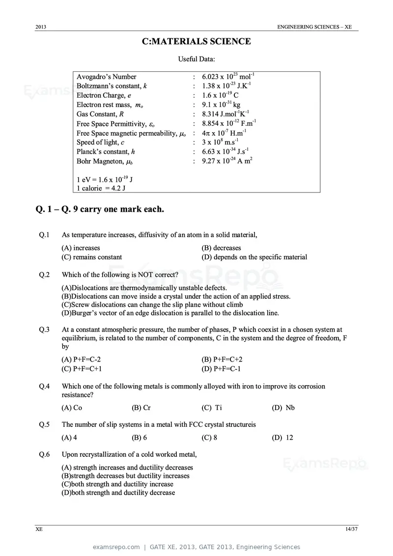 GATE XE 2013 question paper, GATE 2013, Engineering Sciences, page 14 of 37