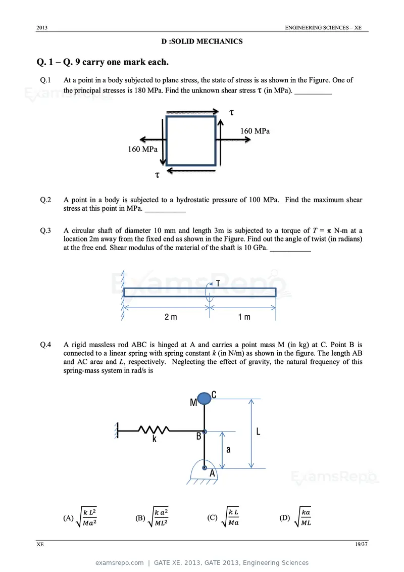 GATE XE 2013 question paper, GATE 2013, Engineering Sciences, page 19 of 37