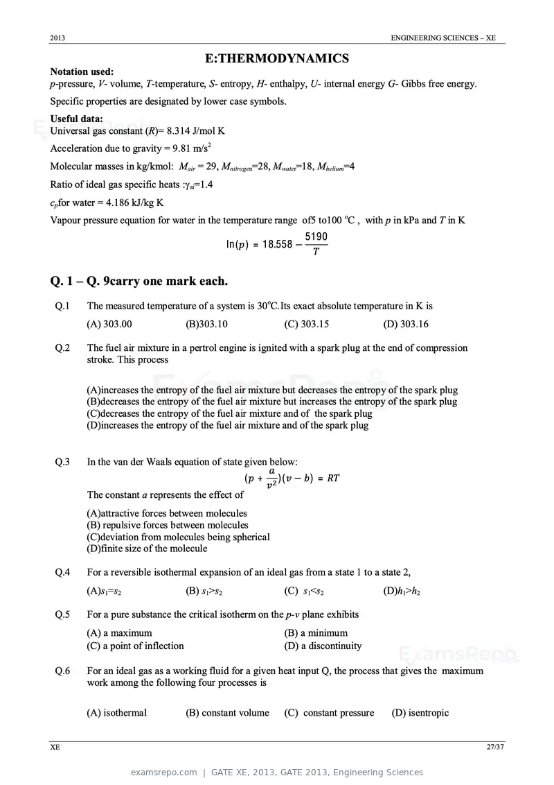 GATE XE 2013 question paper, GATE 2013, Engineering Sciences, page 27 of 37