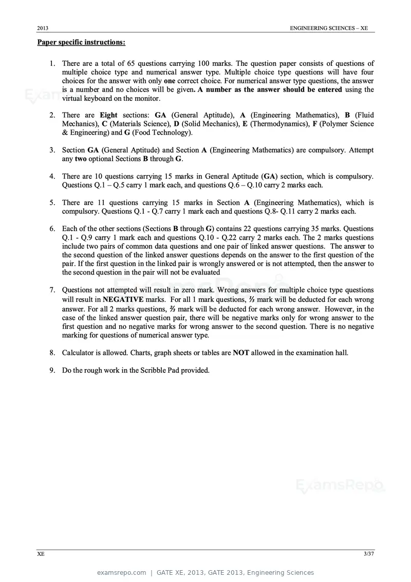GATE XE 2013 question paper, GATE 2013, Engineering Sciences, page 3 of 37