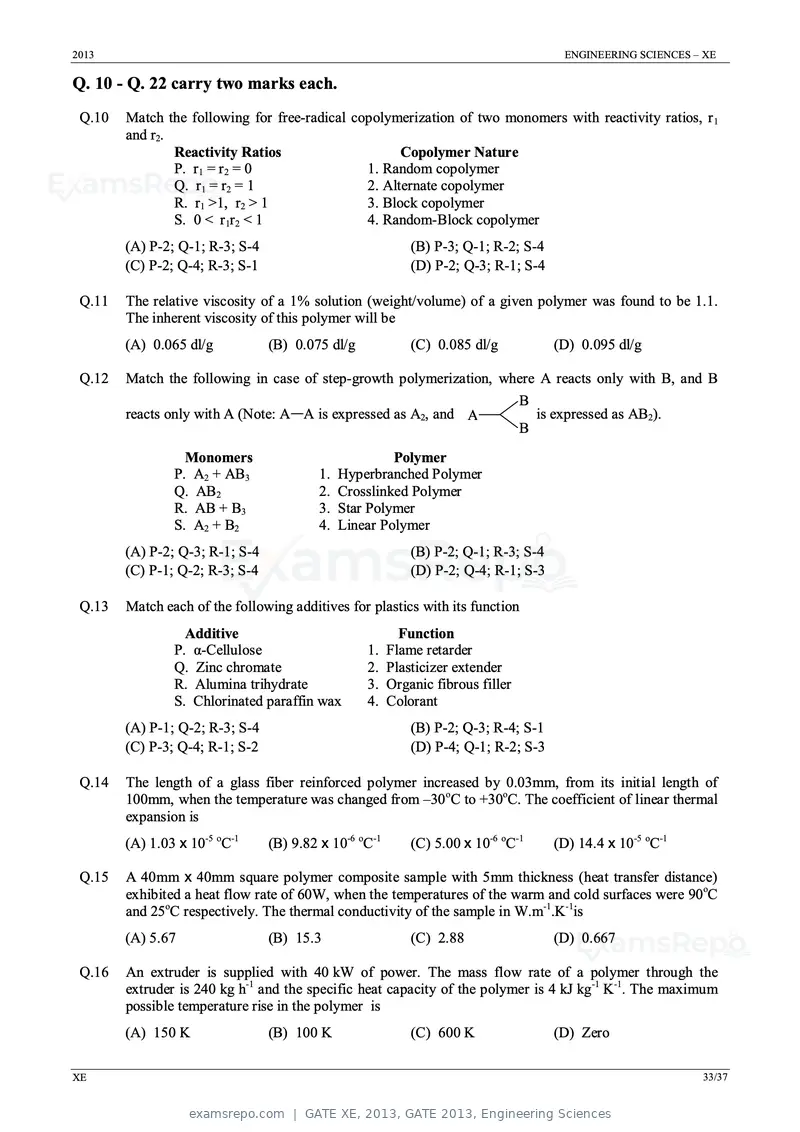 GATE XE 2013 question paper, GATE 2013, Engineering Sciences, page 33 of 37