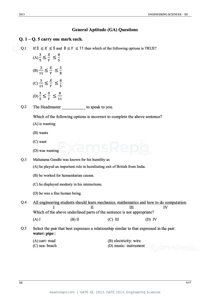 GATE XE 2013 question paper, GATE 2013, Engineering Sciences, page 4 of 37