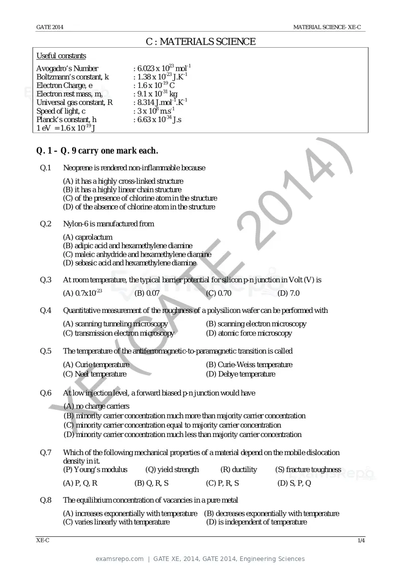 GATE XE 2014 question paper, GATE 2014, Engineering Sciences, page 18 of 47
