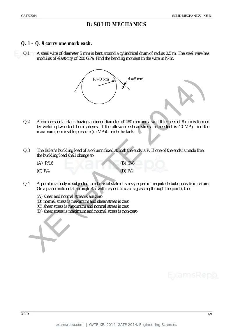 GATE XE 2014 question paper, GATE 2014, Engineering Sciences, page 22 of 47