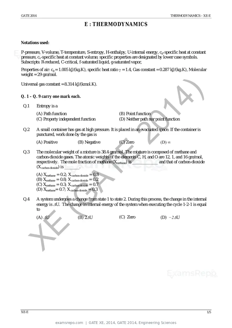 GATE XE 2014 question paper, GATE 2014, Engineering Sciences, page 31 of 47