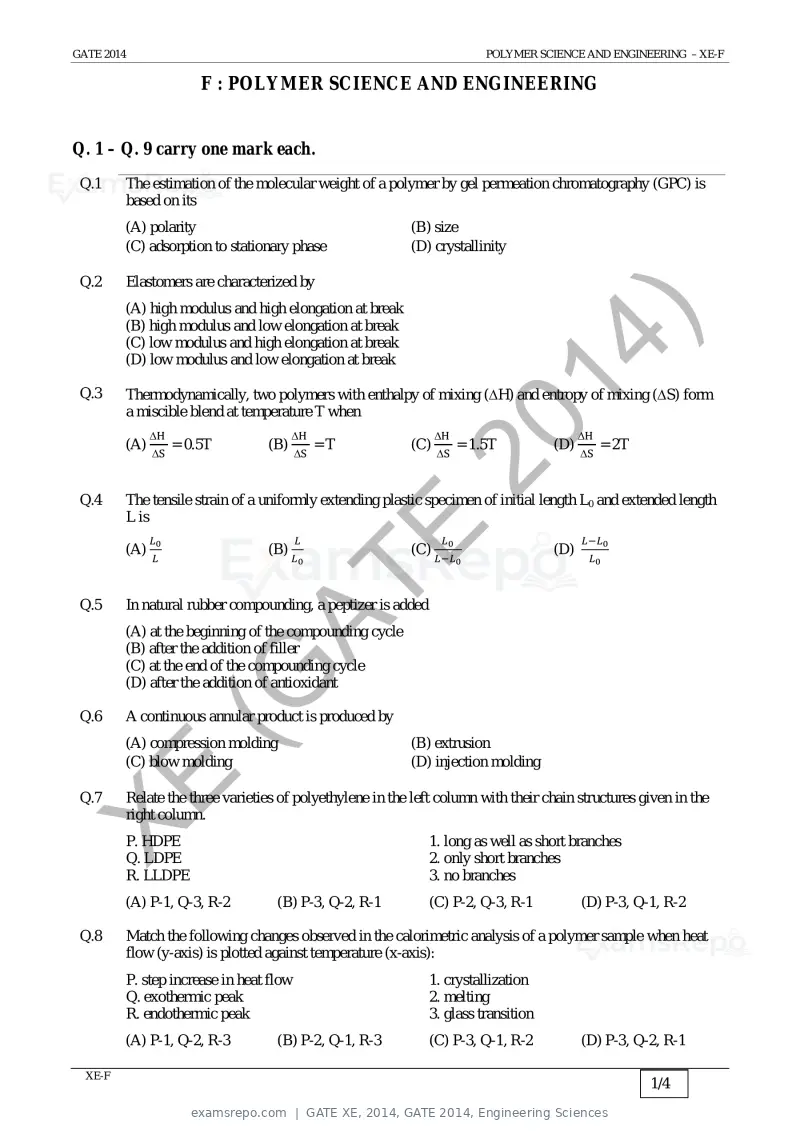 GATE XE 2014 question paper, GATE 2014, Engineering Sciences, page 36 of 47