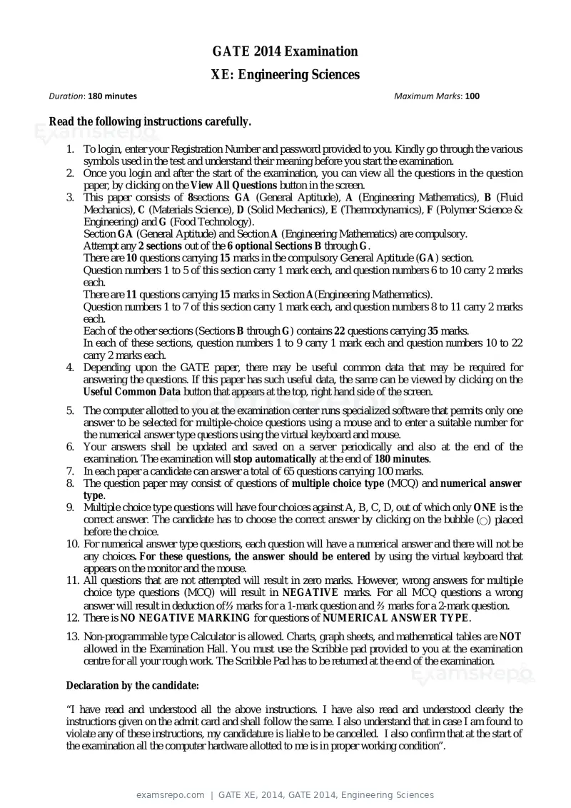 GATE XE 2014 question paper, GATE 2014, Engineering Sciences, page 4 of 47