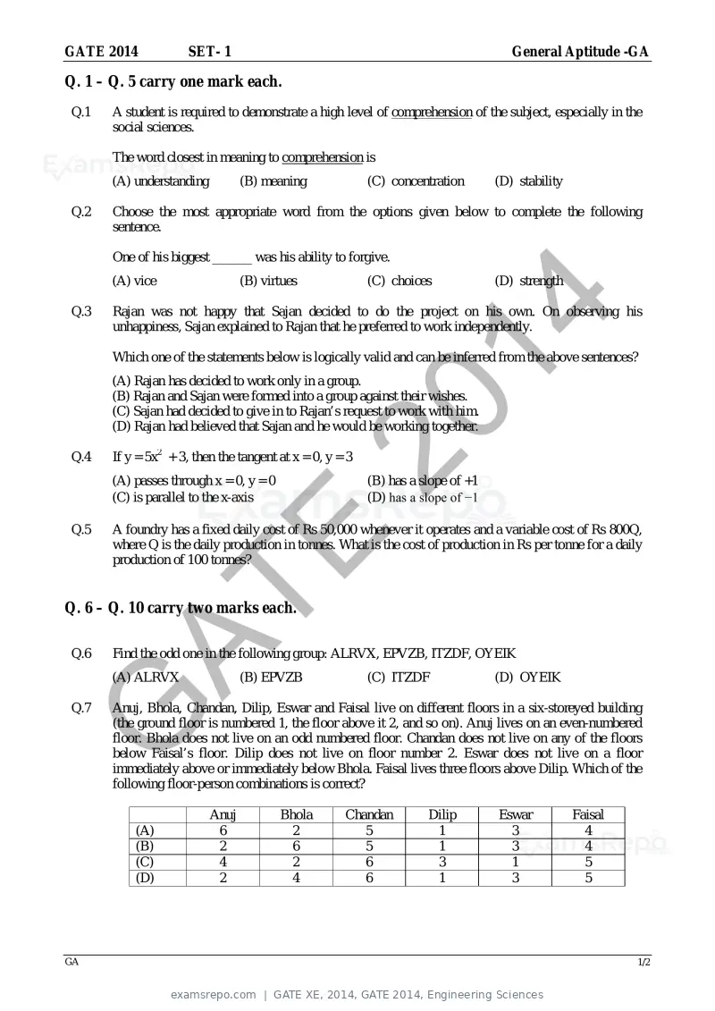 GATE XE 2014 question paper, GATE 2014, Engineering Sciences, page 5 of 47