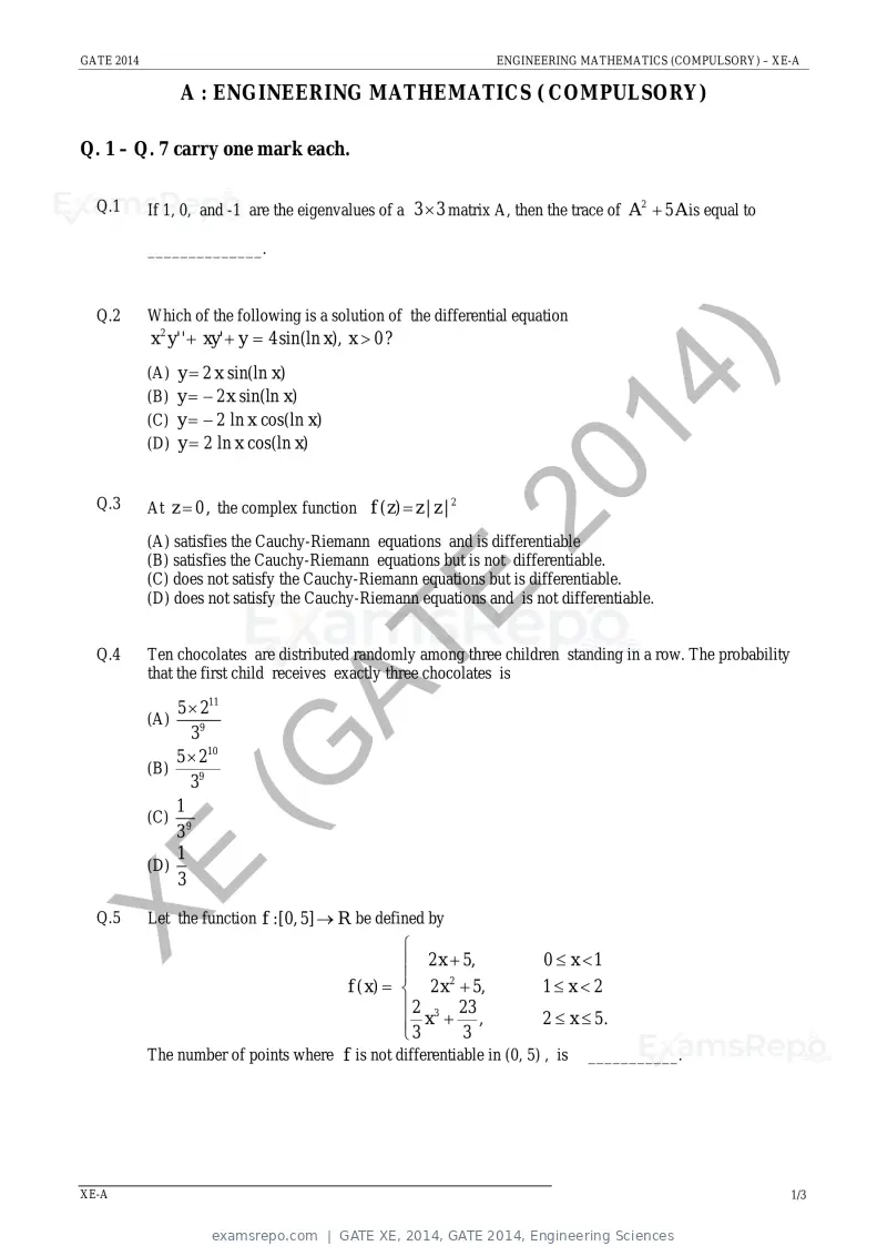 GATE XE 2014 question paper, GATE 2014, Engineering Sciences, page 7 of 47