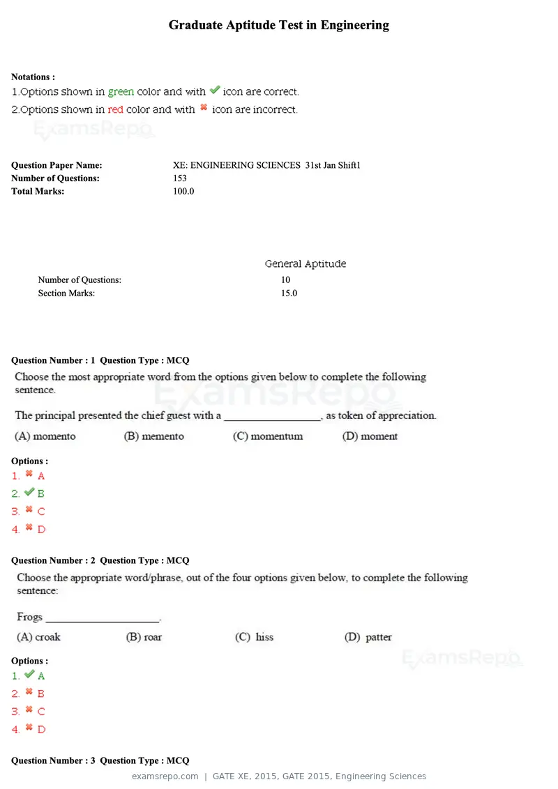 GATE XE 2015 question paper, GATE 2015, Engineering Sciences, page 1 of 50