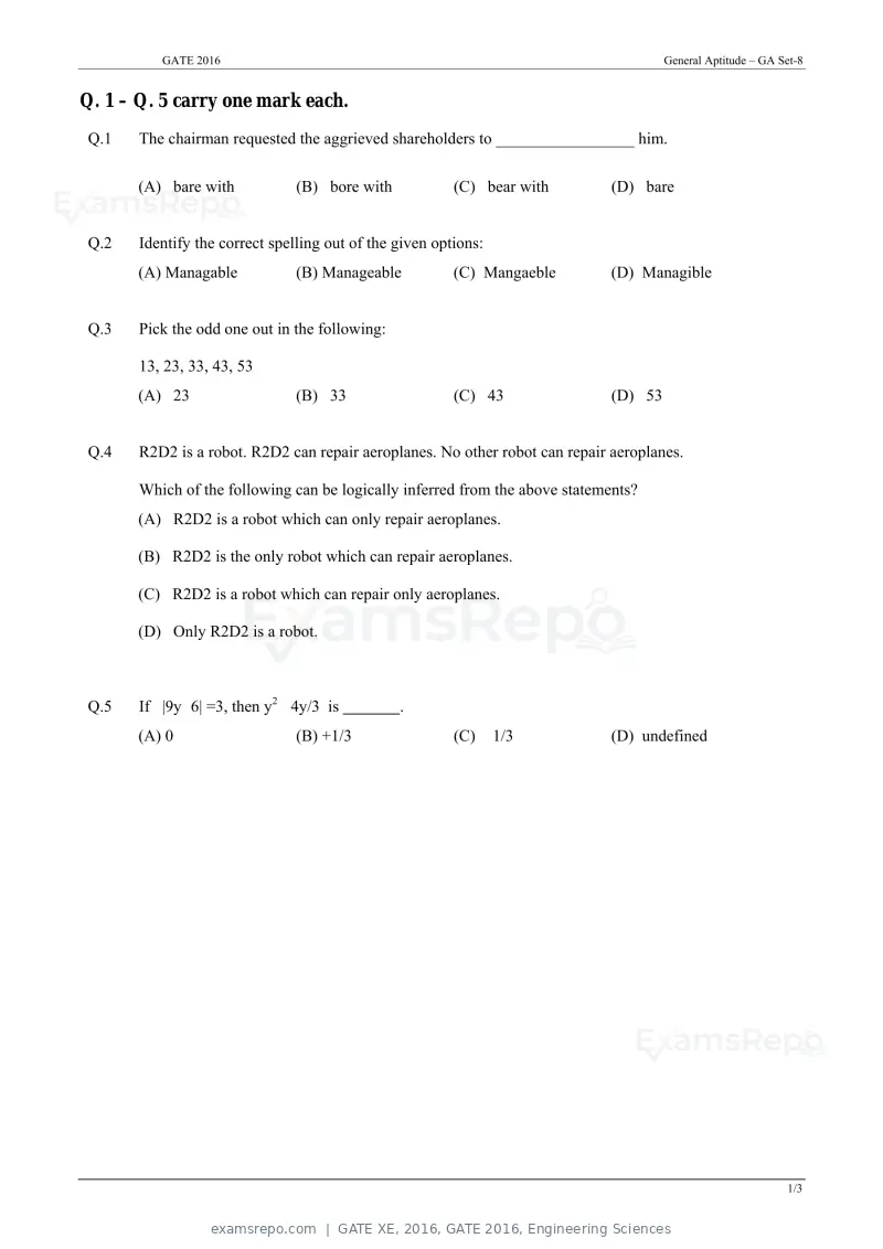 GATE XE 2016 question paper, GATE 2016, Engineering Sciences, page 1 of 38