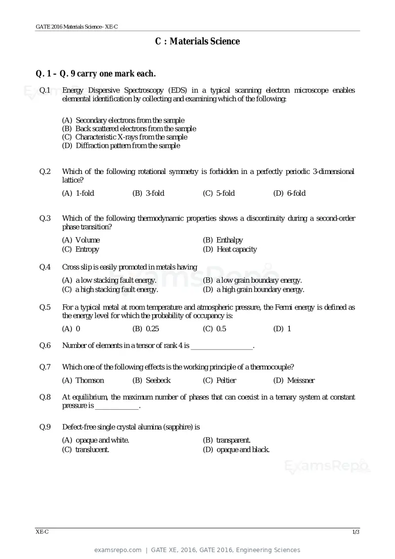 GATE XE 2016 question paper, GATE 2016, Engineering Sciences, page 12 of 38