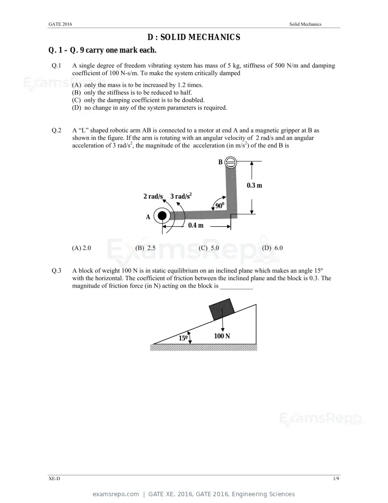 GATE XE 2016 question paper, GATE 2016, Engineering Sciences, page 15 of 38