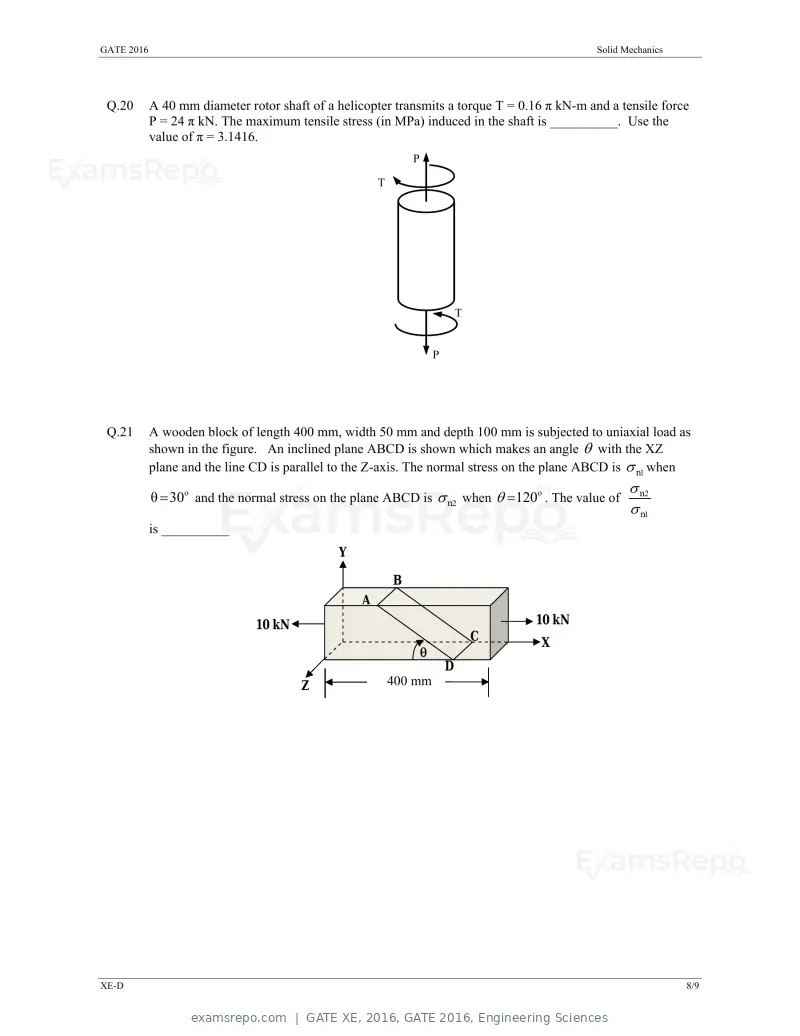 GATE XE 2016 question paper, GATE 2016, Engineering Sciences, page 22 of 38