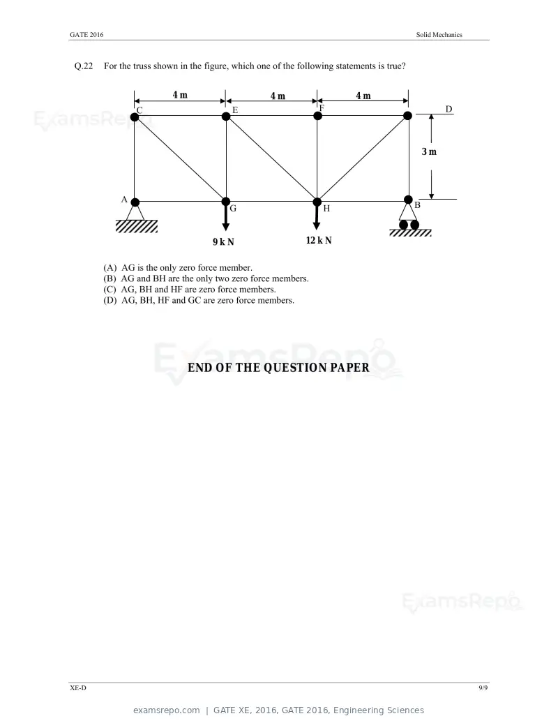 GATE XE 2016 question paper, GATE 2016, Engineering Sciences, page 23 of 38