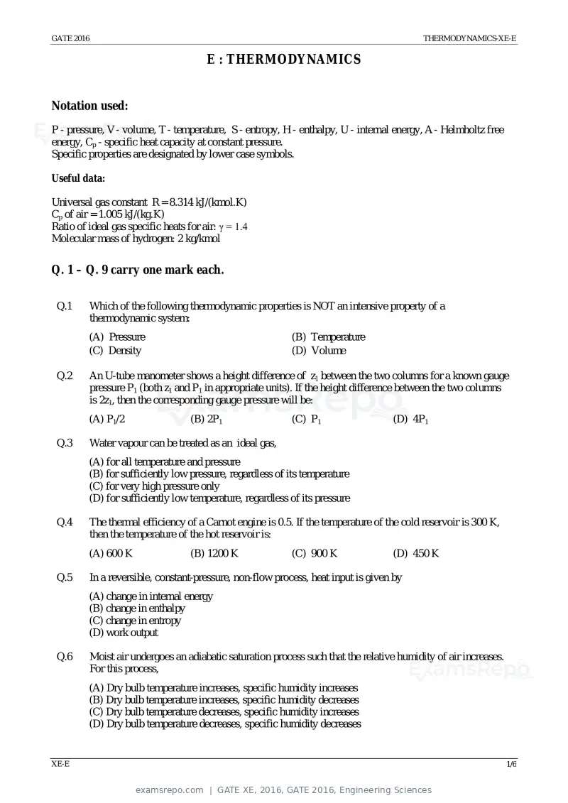 GATE XE 2016 question paper, GATE 2016, Engineering Sciences, page 24 of 38