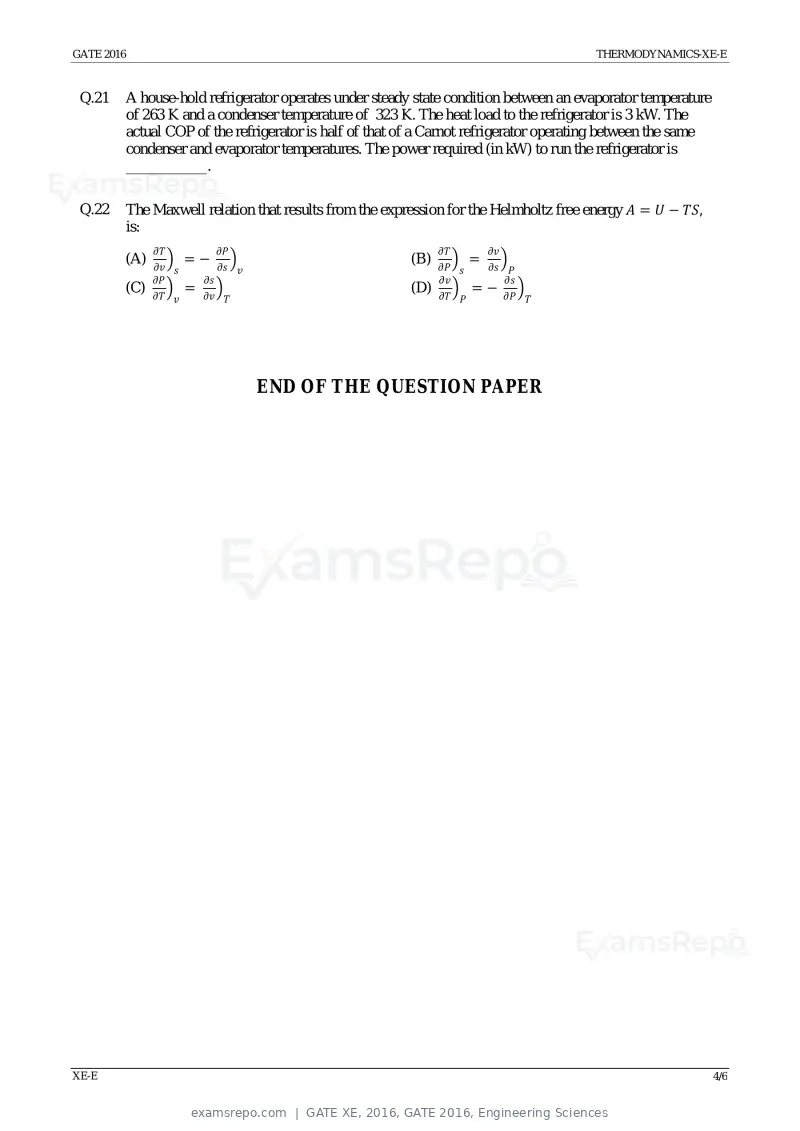 GATE XE 2016 question paper, GATE 2016, Engineering Sciences, page 27 of 38