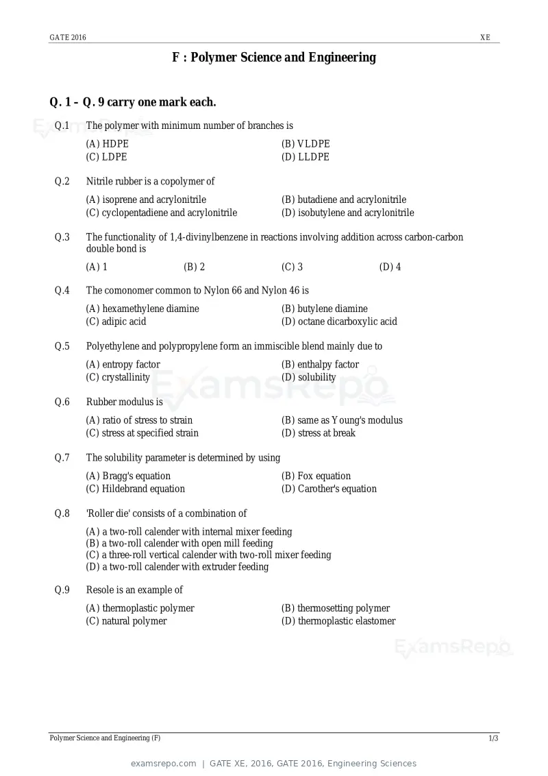 GATE XE 2016 question paper, GATE 2016, Engineering Sciences, page 28 of 38