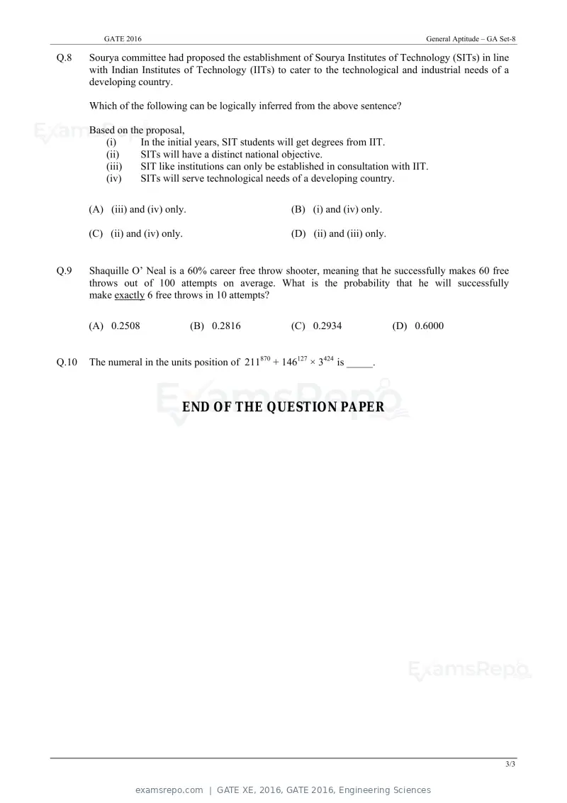 GATE XE 2016 question paper, GATE 2016, Engineering Sciences, page 3 of 38