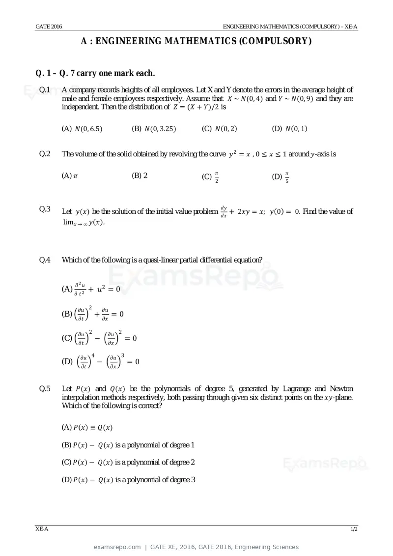 GATE XE 2016 question paper, GATE 2016, Engineering Sciences, page 4 of 38