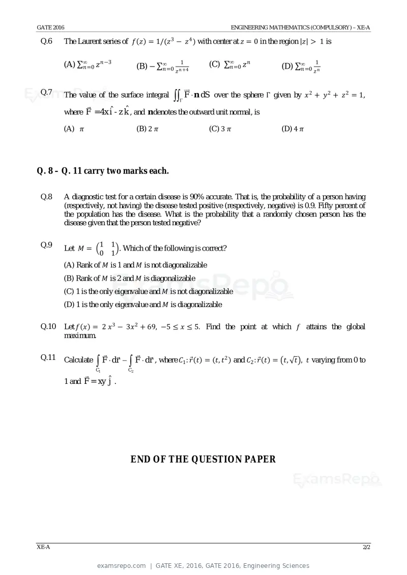 GATE XE 2016 question paper, GATE 2016, Engineering Sciences, page 5 of 38
