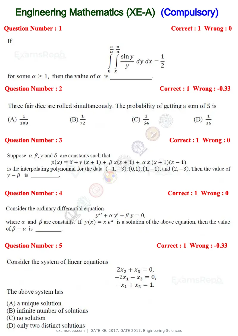 GATE XE 2017 question paper, GATE 2017, Engineering Sciences, page 2 of 98