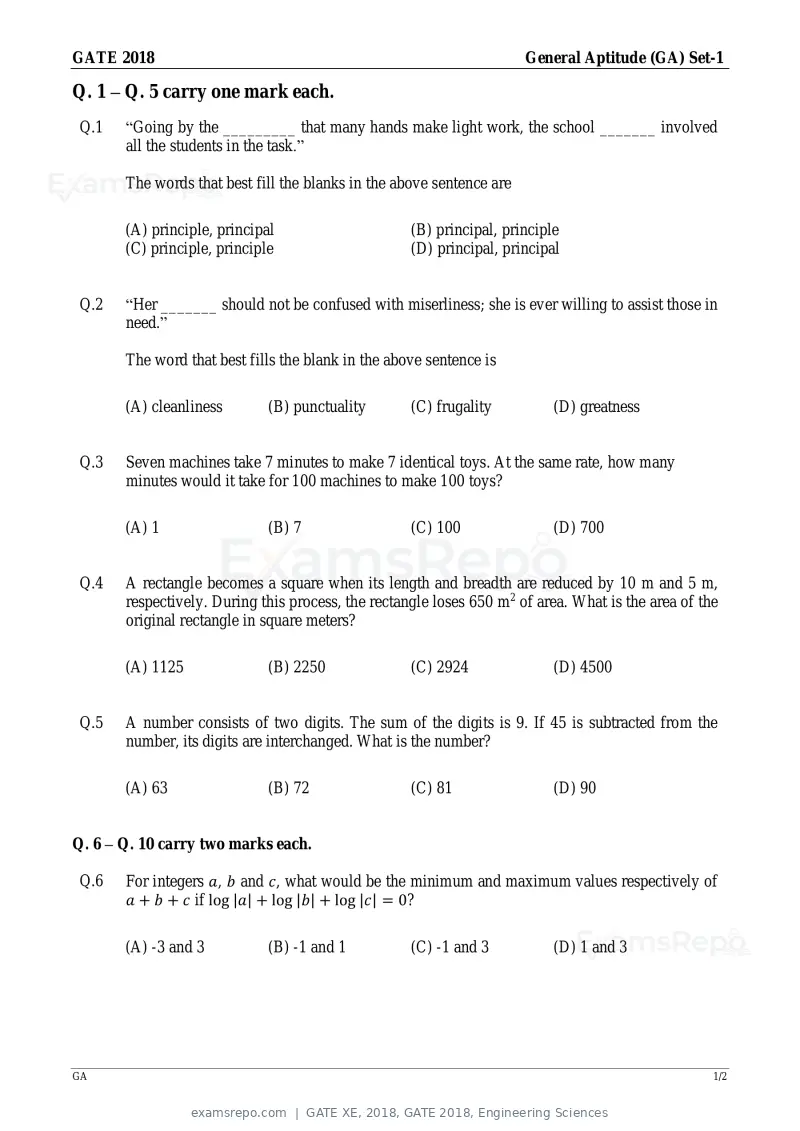 GATE XE 2018 question paper, GATE 2018, Engineering Sciences, page 1 of 48