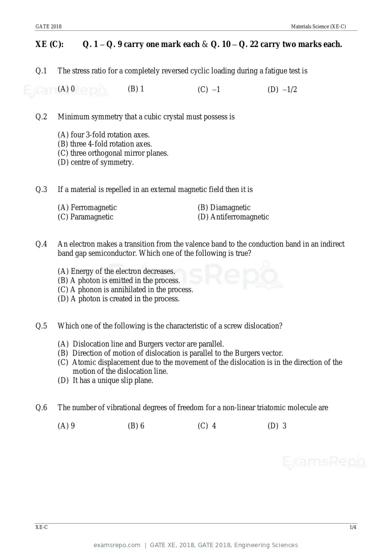 GATE XE 2018 question paper, GATE 2018, Engineering Sciences, page 10 of 48