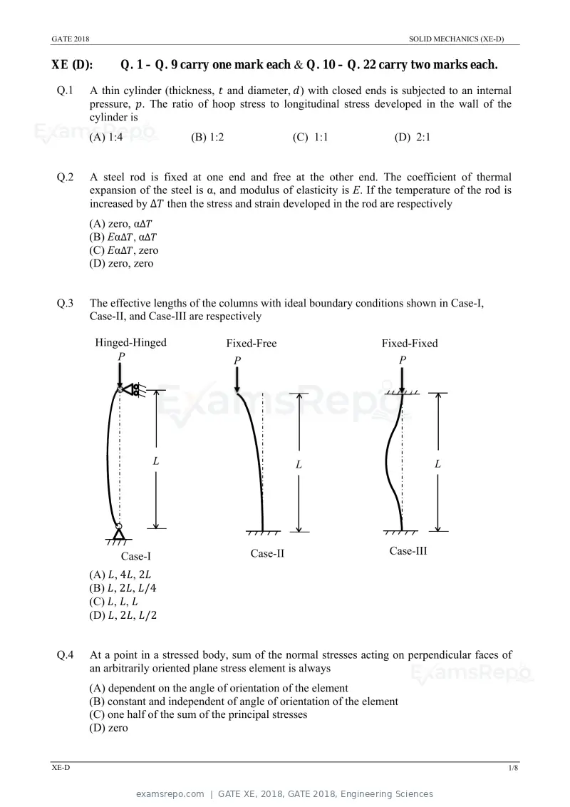 GATE XE 2018 question paper, GATE 2018, Engineering Sciences, page 14 of 48