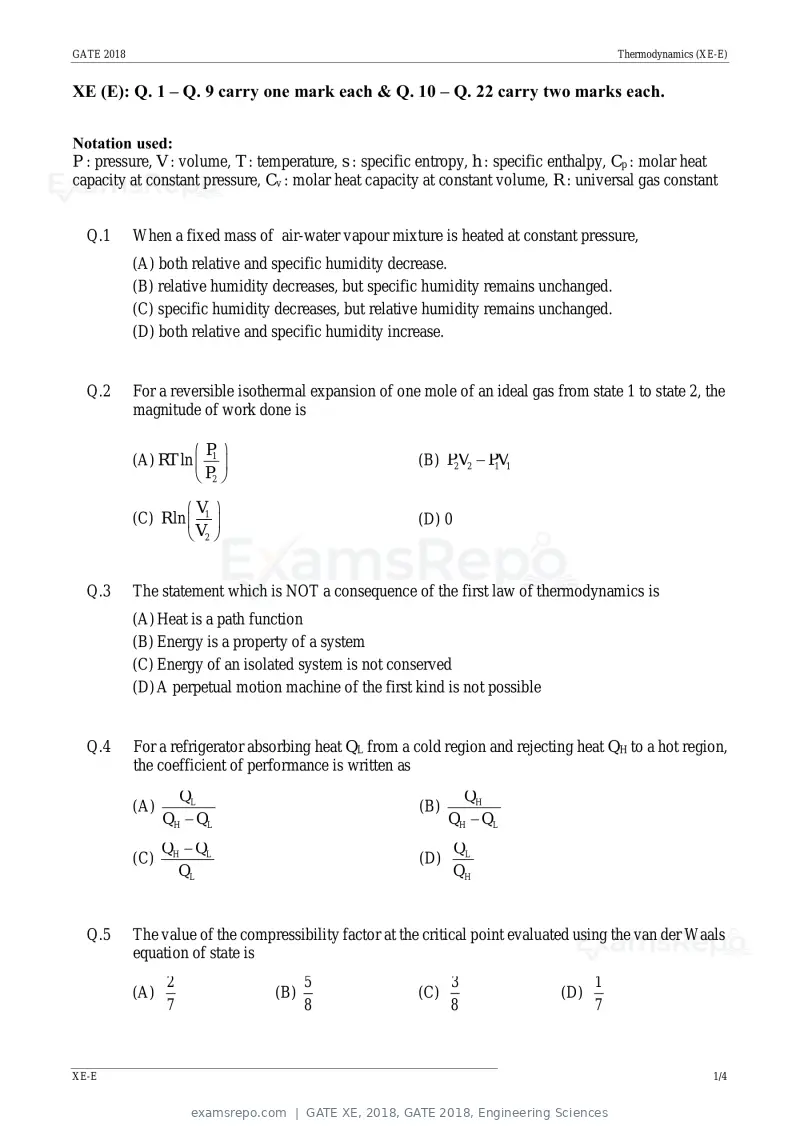 GATE XE 2018 question paper, GATE 2018, Engineering Sciences, page 22 of 48