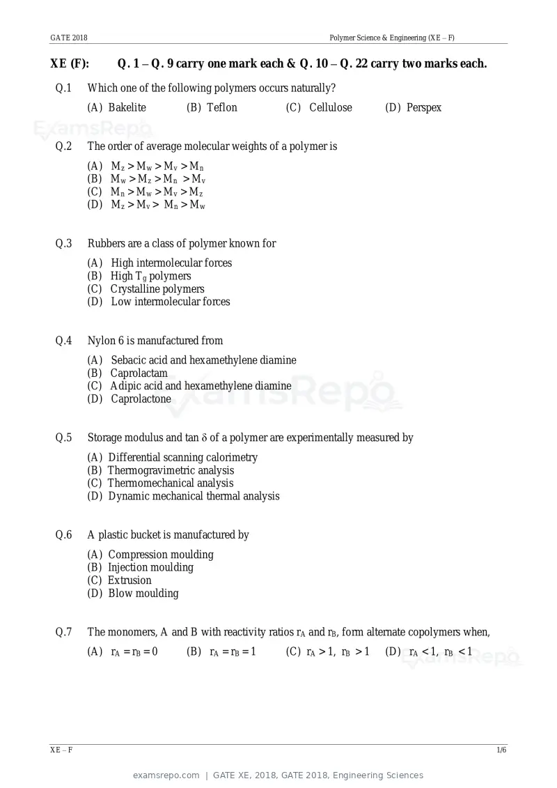 GATE XE 2018 question paper, GATE 2018, Engineering Sciences, page 26 of 48