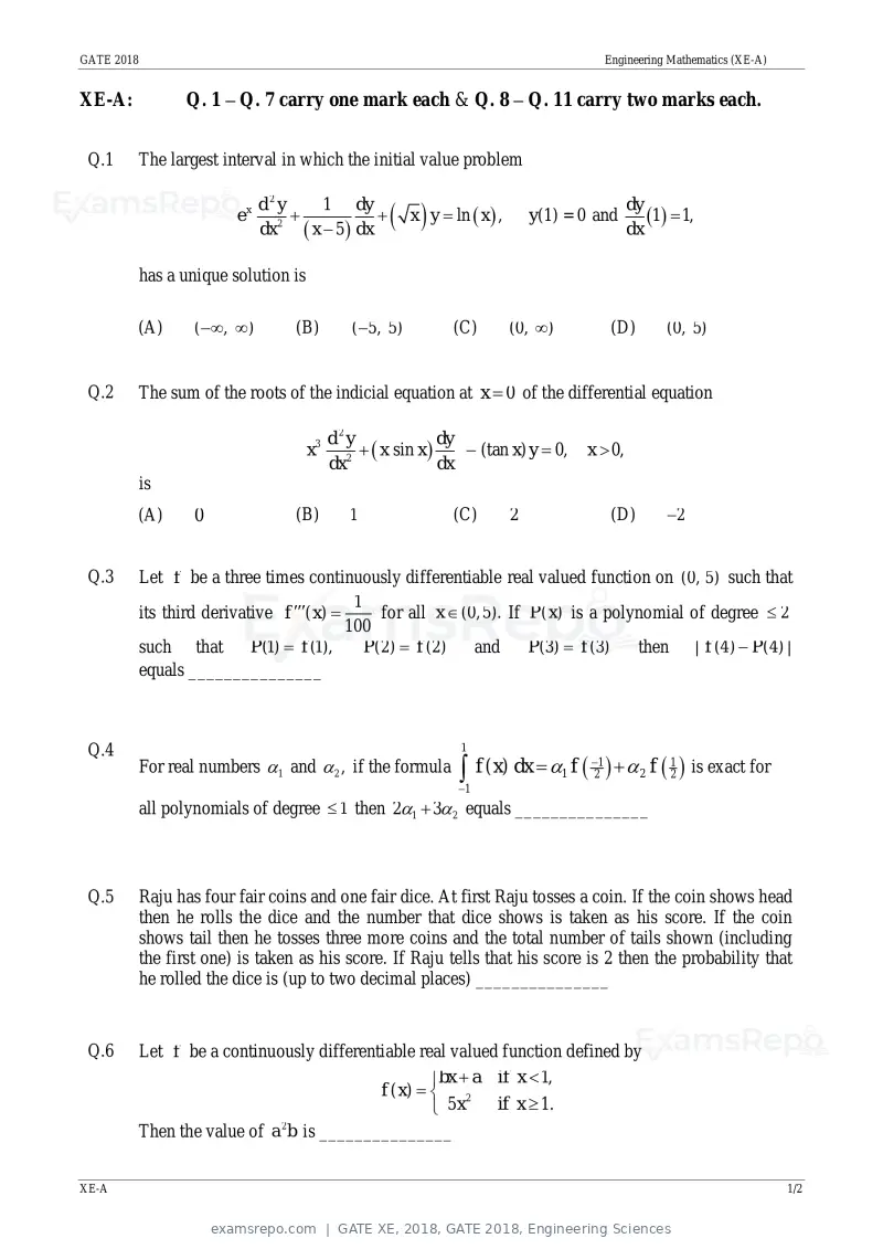 GATE XE 2018 question paper, GATE 2018, Engineering Sciences, page 3 of 48