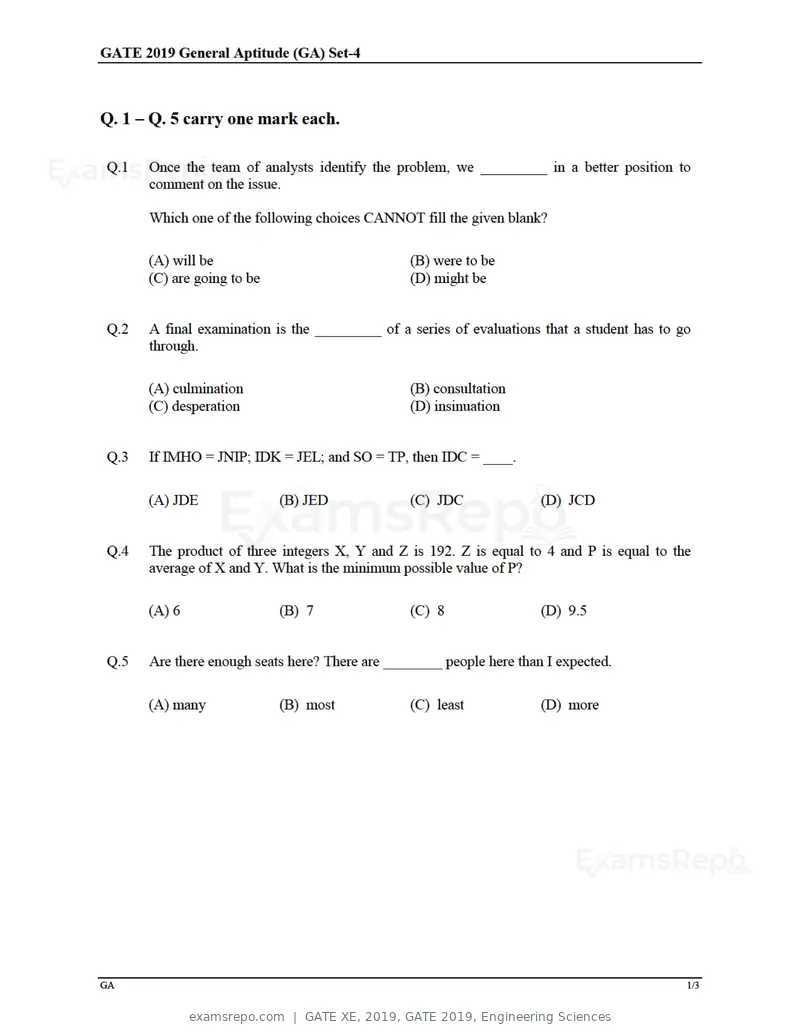 GATE XE 2019 question paper, GATE 2019, Engineering Sciences, page 1 of 48