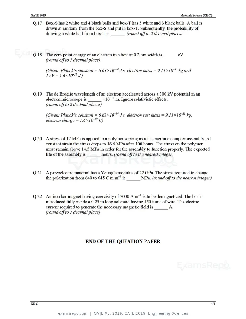 GATE XE 2019 question paper, GATE 2019, Engineering Sciences, page 15 of 48