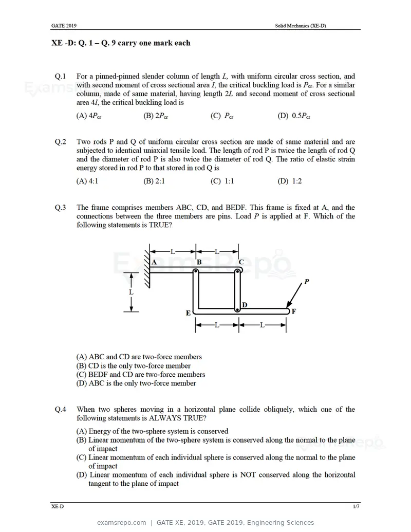 GATE XE 2019 question paper, GATE 2019, Engineering Sciences, page 16 of 48