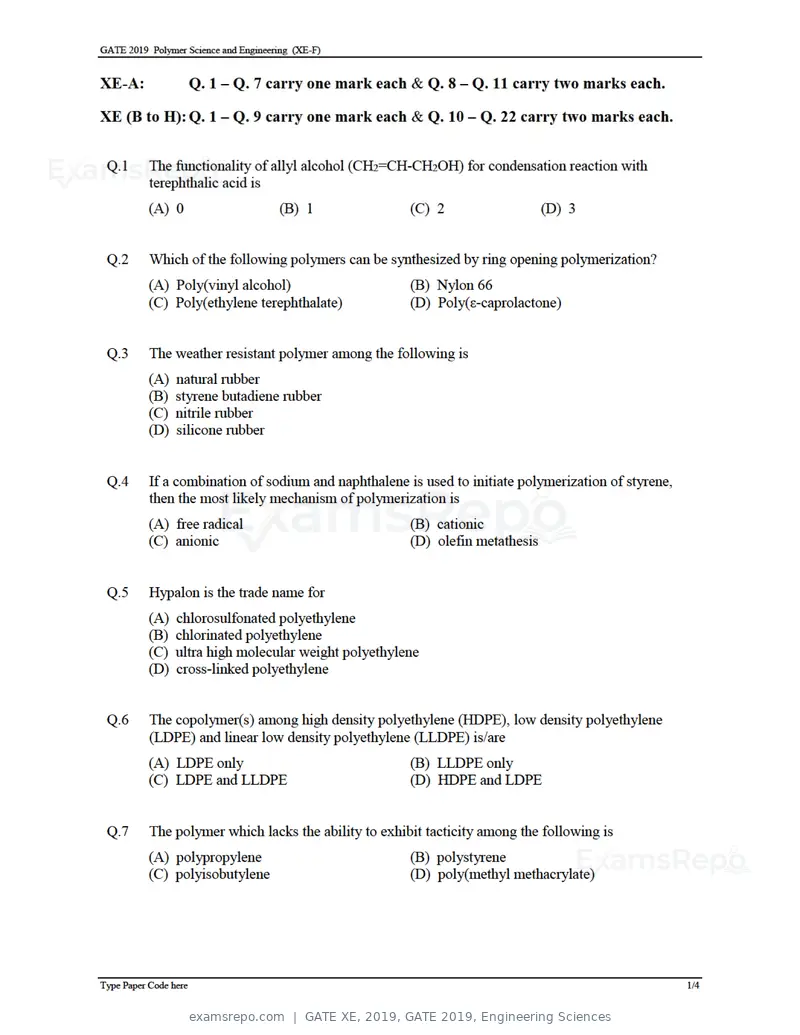 GATE XE 2019 question paper, GATE 2019, Engineering Sciences, page 28 of 48