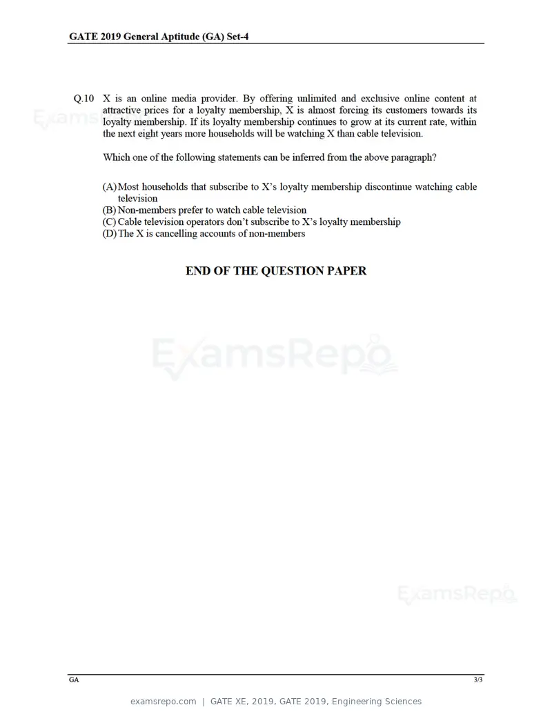 GATE XE 2019 question paper, GATE 2019, Engineering Sciences, page 3 of 48