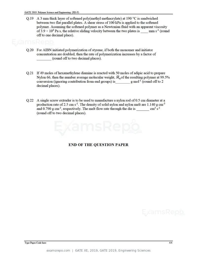 GATE XE 2019 question paper, GATE 2019, Engineering Sciences, page 31 of 48