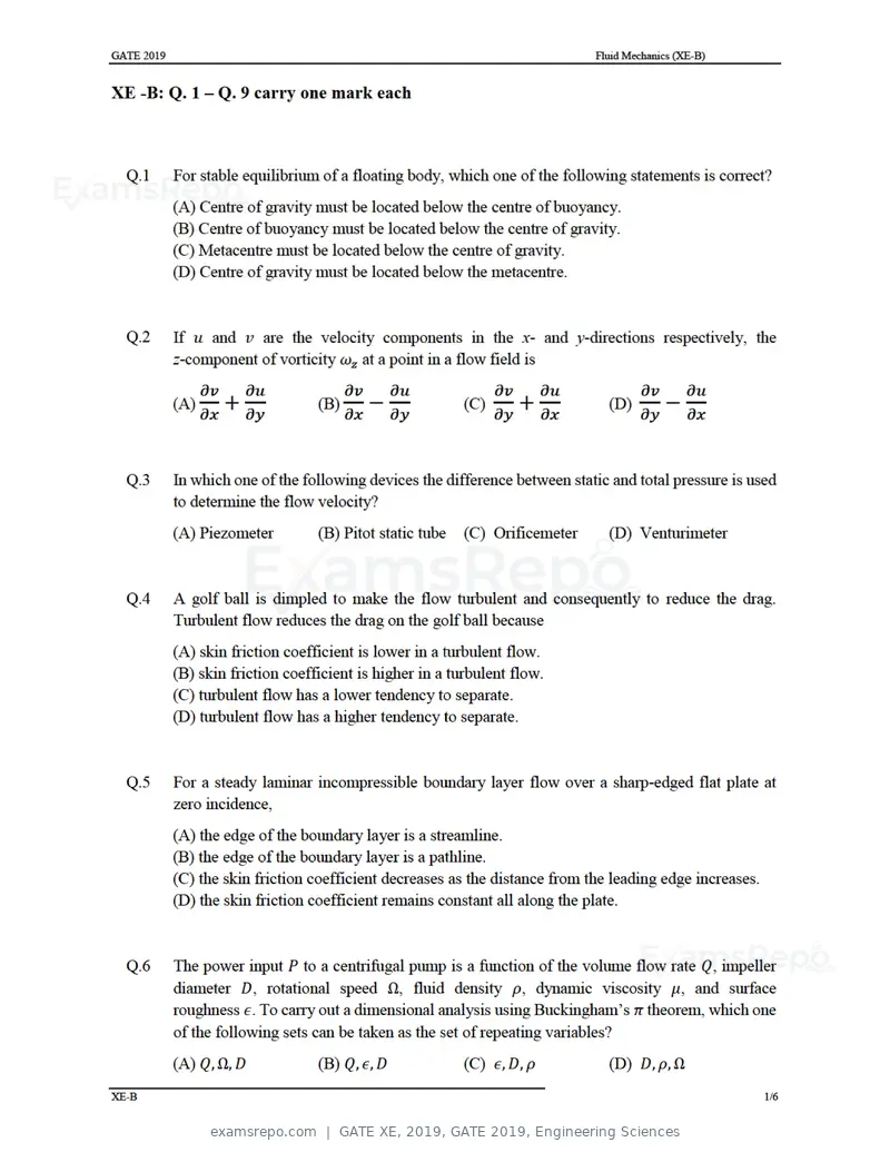 GATE XE 2019 question paper, GATE 2019, Engineering Sciences, page 6 of 48