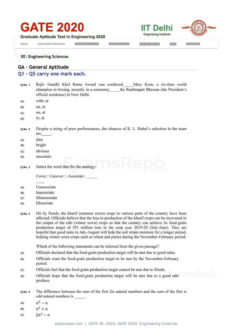 GATE XE 2020 question paper, GATE 2020, Engineering Sciences, page 1 of 45