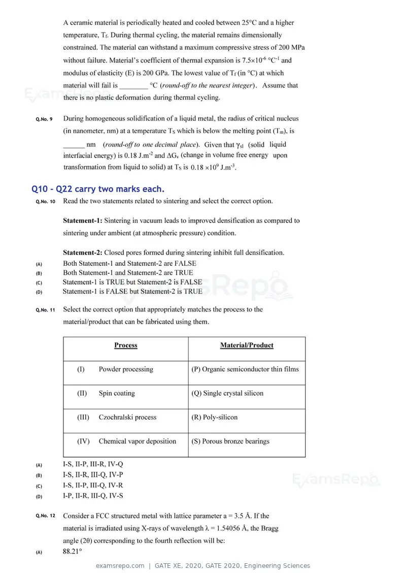 GATE XE 2020 question paper, GATE 2020, Engineering Sciences, page 16 of 45