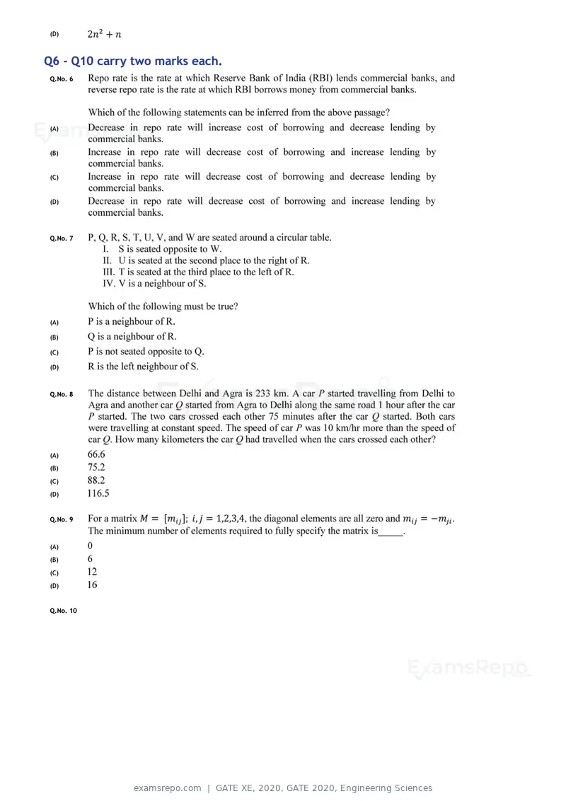 GATE XE 2020 question paper, GATE 2020, Engineering Sciences, page 2 of 45