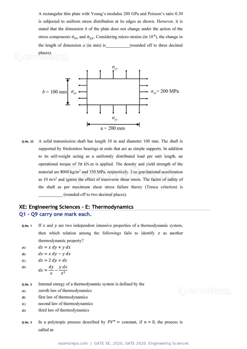 GATE XE 2020 question paper, GATE 2020, Engineering Sciences, page 26 of 45